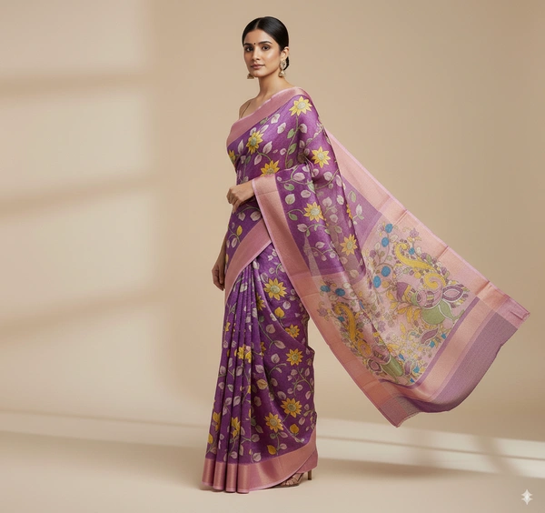 SKU0808: Elegant Pure Tussar Silk Saree – Handwoven | Jori Work | Kalamkari - Kalamkari, Dry Wash Only, Yes