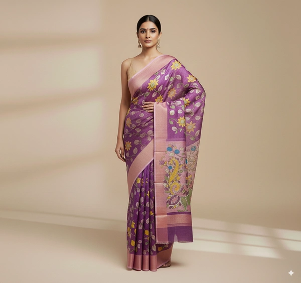 SKU0808: Elegant Pure Tussar Silk Saree – Handwoven | Jori Work | Kalamkari - Kalamkari, Dry Wash Only, Yes