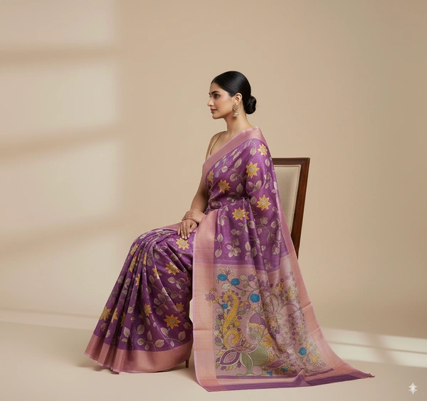 SKU0808: Elegant Pure Tussar Silk Saree – Handwoven | Jori Work | Kalamkari - Kalamkari, Dry Wash Only, Yes