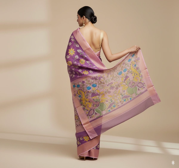 SKU0808: Elegant Pure Tussar Silk Saree – Handwoven | Jori Work | Kalamkari - Kalamkari, Dry Wash Only, Yes