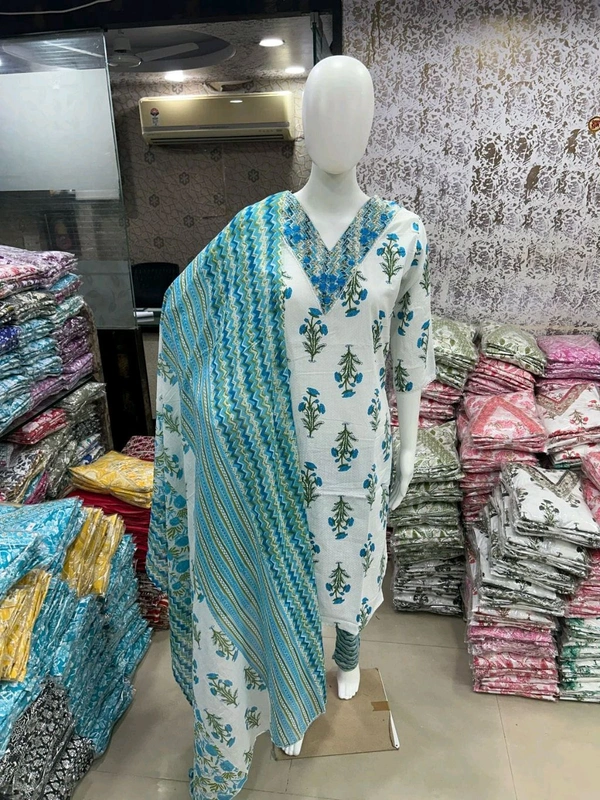 Cotton Kurti Pant Dupatta Set - Aqua Blue, XL/42