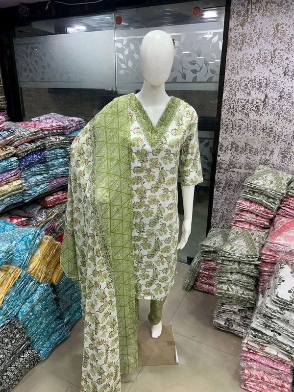 Cotton Kurti Pant Dupatta Set - Green, XXL/44