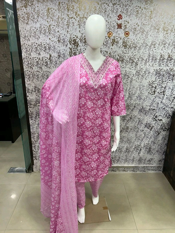 Cotton Kurti Pant Dupatta Set - Pink, L/40