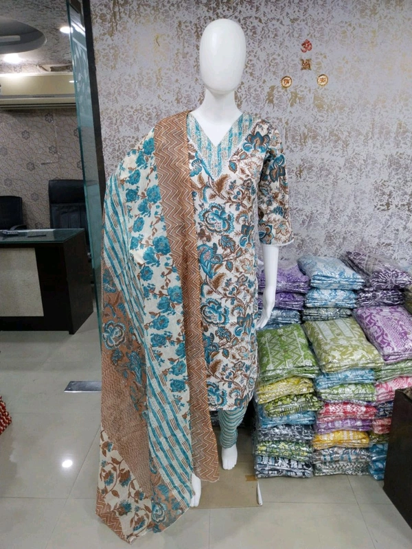 Cotton Kurti Pant Dupatta Set - Aqua Blue, XL/42