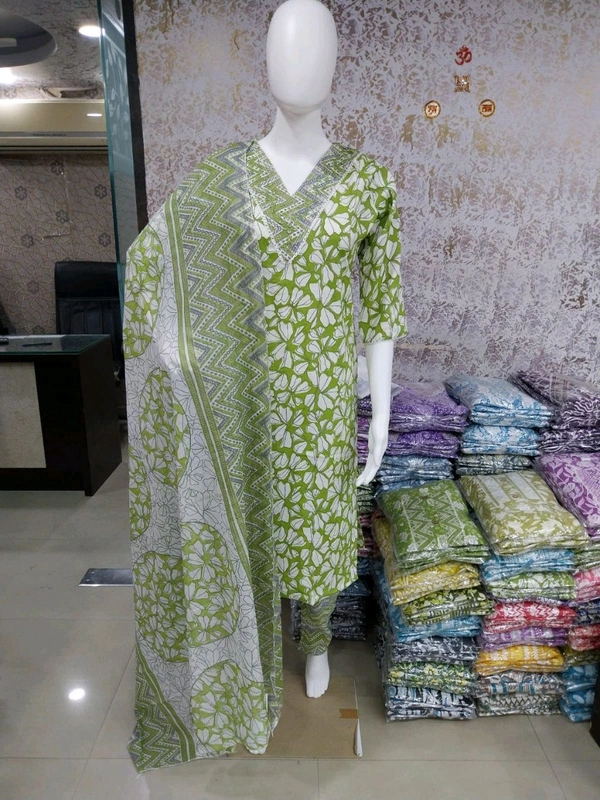 Cotton Kurti Pant Dupatta Set - Light Green, XXL/44