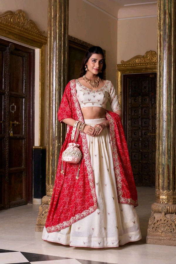 Wedding Special Beautiful Embroidery Lehenga Choli With Badhej Dupatta  - Off White, Free Size; Up To 42"