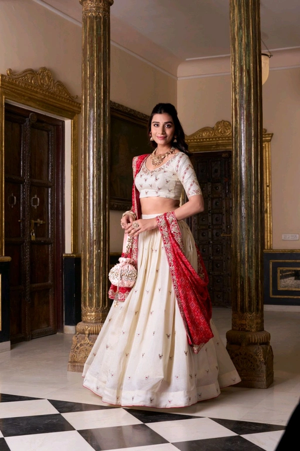 Wedding Special Beautiful Embroidery Lehenga Choli With Badhej Dupatta  - Off White, Free Size; Up To 42"