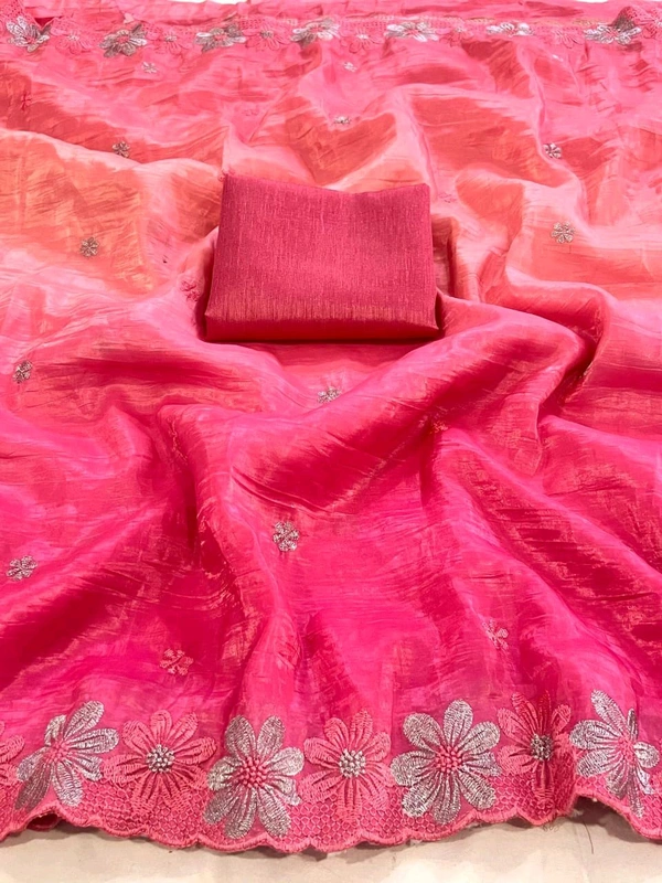 Double Shade Chiffon Crush Saree - Pink, Free Size