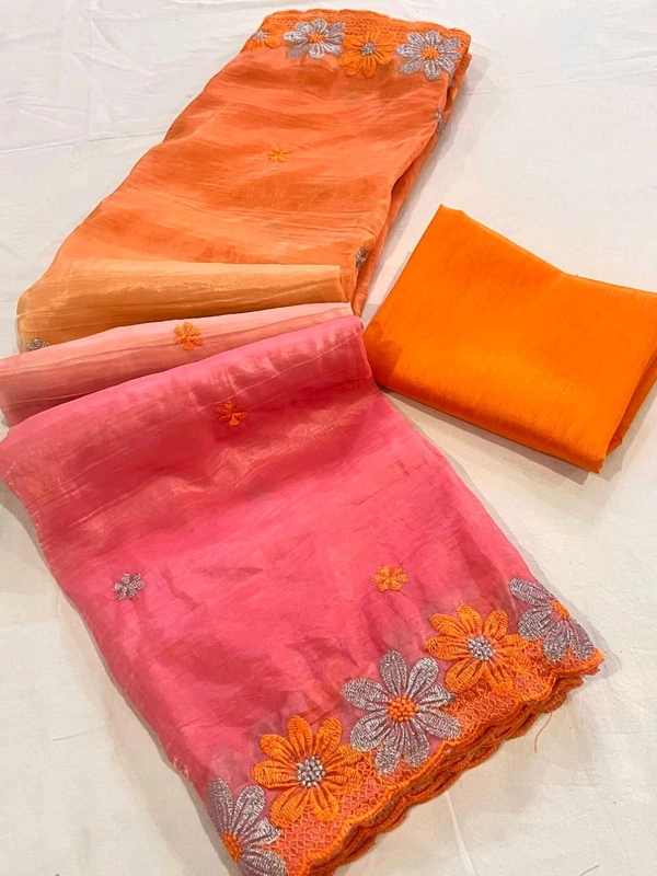 Double Shade Chiffon Crush Saree - Orange, Free Size