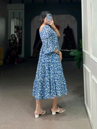 Triple Layer Georgette Printed Frock - Blue, Free Size; Up To 42"