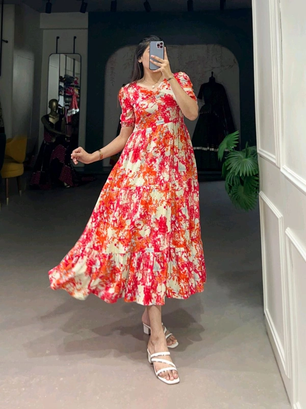 Three Layer Rayon Printed Frock - Red, Free Size; Up To 42"