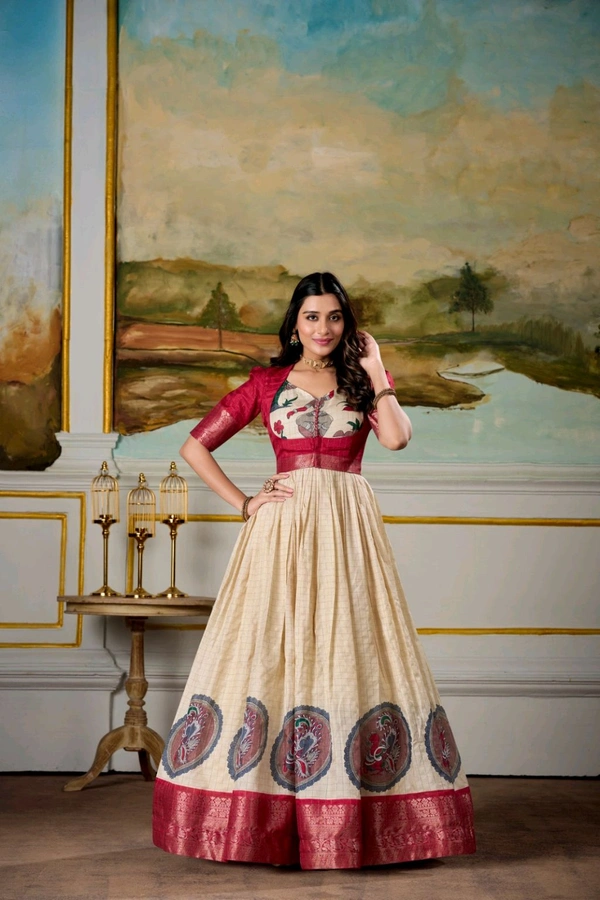 Kalamkari Printed Dola Silk Gown With Koti