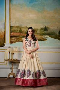 Kalamkari Printed Dola Silk Gown With Koti - Red, M/38
