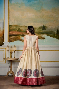Kalamkari Printed Dola Silk Gown With Koti - Red, M/38