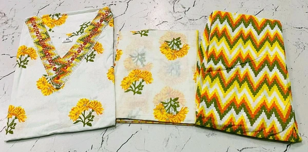 Premium Quality Cotton Kurti Pant Set - White Yellow, M/38