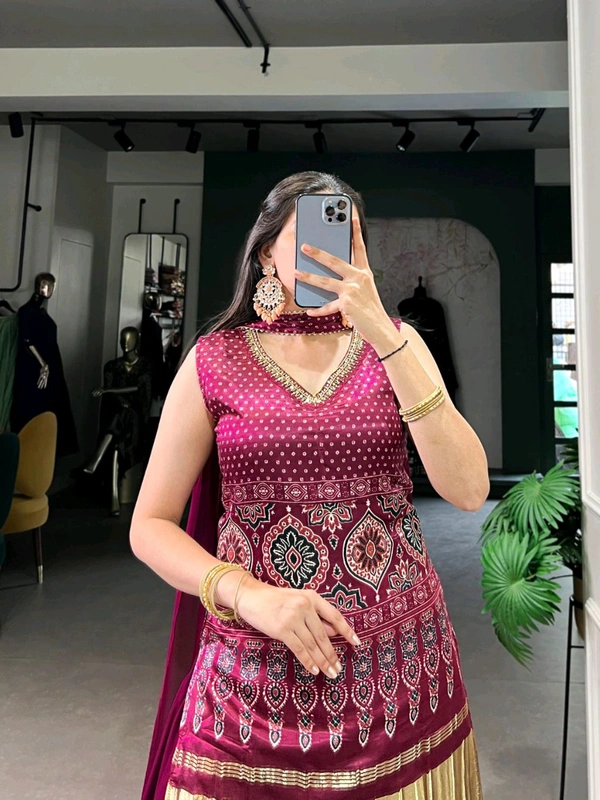 Traditional Gaji Silk Kurti Plazo With Dupatta - Maroon, Free Size