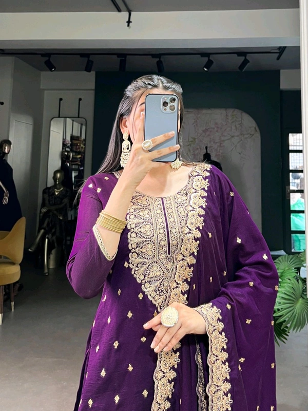 Beautiful Embroidered Purple Kurti Pant Set - Purple, XL/42