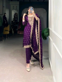 Beautiful Embroidered Purple Kurti Pant Set - Purple, XL/42