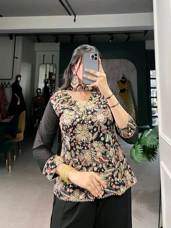 Ethnic Partywear Plazo Kurti Set With Heavy Embroidery Work 🖤