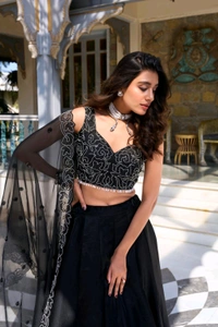 Wedding Night Party Special Lehenga With Heavy Sequins Work 🖤 - Black, Free Size; Up To XL/42