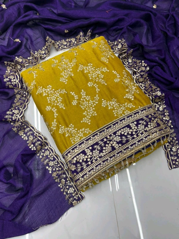 Pure Vichitra Silk Fancy Designer Pcs - Yellow, Free Size