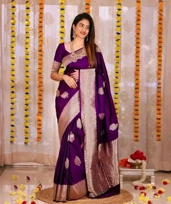 Elegant Royal Banarasi Silk Saree – Traditional Festive Wear - Purple, Banarasi Silk, Free