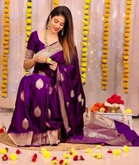 Elegant Royal Banarasi Silk Saree – Traditional Festive Wear - Purple, Banarasi Silk, Free