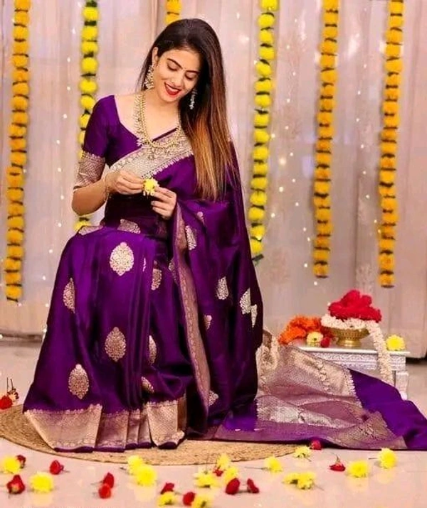 Elegant Royal Banarasi Silk Saree – Traditional Festive Wear - Purple, Banarasi Silk, Free
