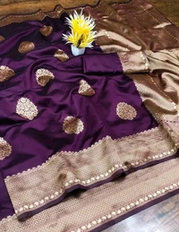 Elegant Royal Banarasi Silk Saree – Traditional Festive Wear - Purple, Banarasi Silk, Free