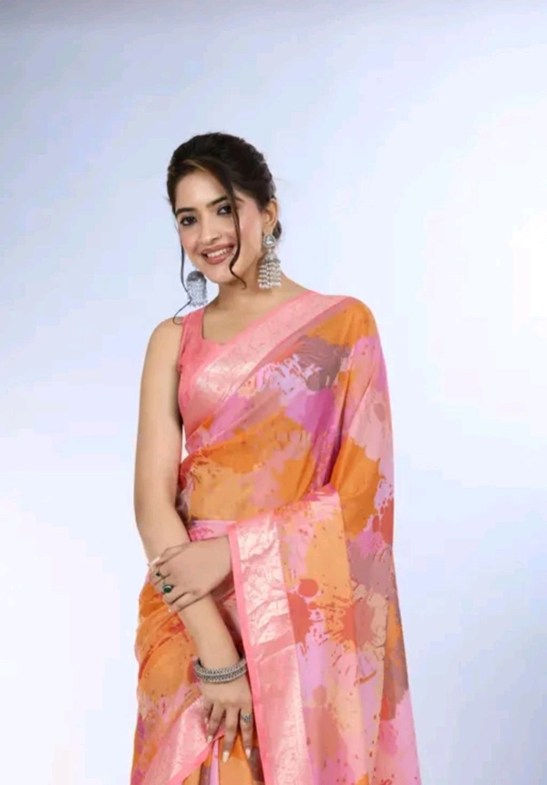 Woman in Pink and Orange Saree with Elegant Look - Orange, Crepe, Free