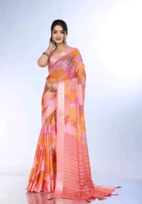 Woman in Pink and Orange Saree with Elegant Look - Orange, Crepe, Free