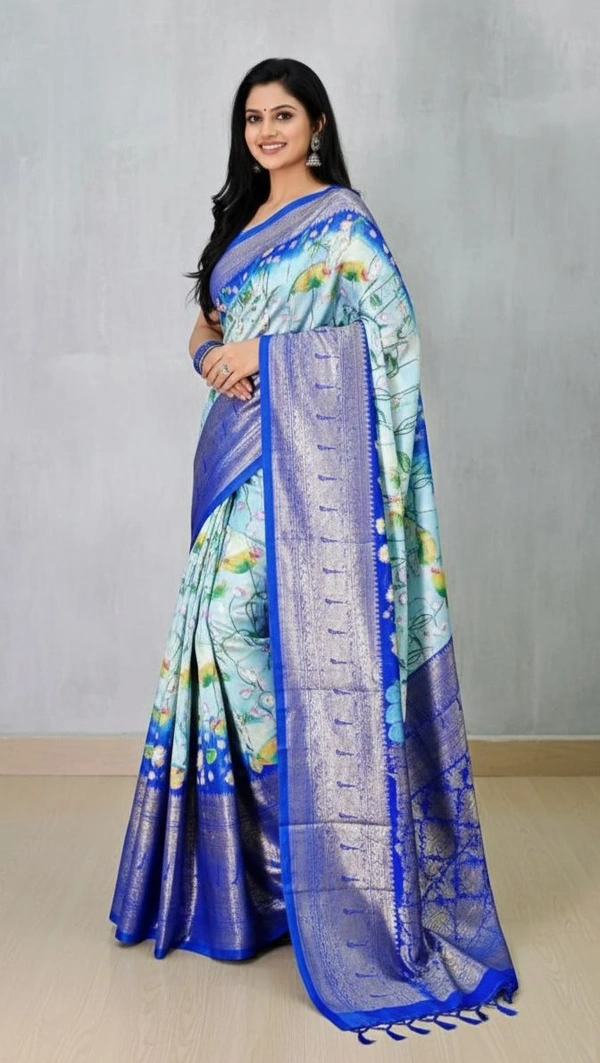 Elegant Floral Banarasi Silk Saree with Silver Zari Border - Blue, Bararasi Silk, Free