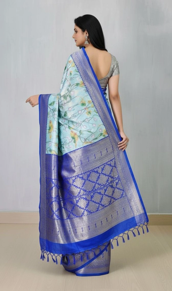 Elegant Floral Banarasi Silk Saree with Silver Zari Border - Blue, Bararasi Silk, Free