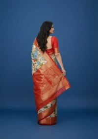 Elegant Floral Banarasi Silk Saree with Silver Zari Border - Red, Bararasi Silk, Free