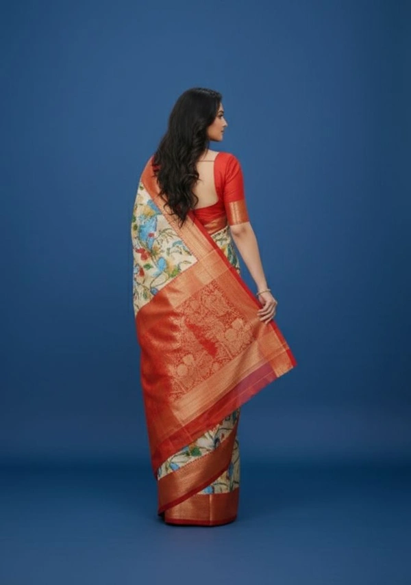 Elegant Floral Banarasi Silk Saree with Silver Zari Border - Red, Bararasi Silk, Free