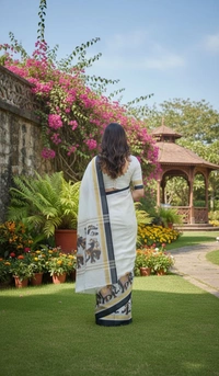 Elegance in Tradition: Graceful White Saree Amidst a Blooming Garden - White, Silk, Free