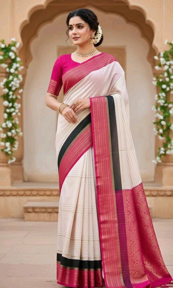 Elegant Traditional Look in Cream and Magenta Silk Saree - Pure Silk, Free