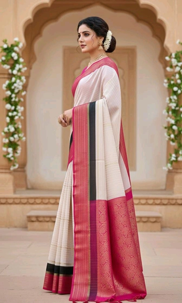Elegant Traditional Look in Cream and Magenta Silk Saree - Pure Silk, Free