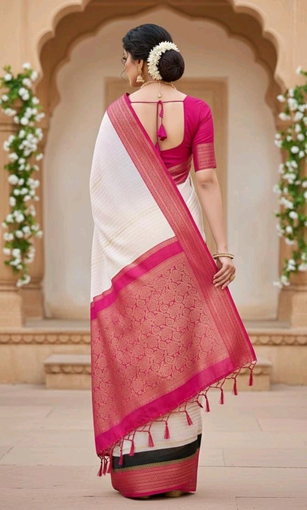Elegant Traditional Look in Cream and Magenta Silk Saree - Pure Silk, Free
