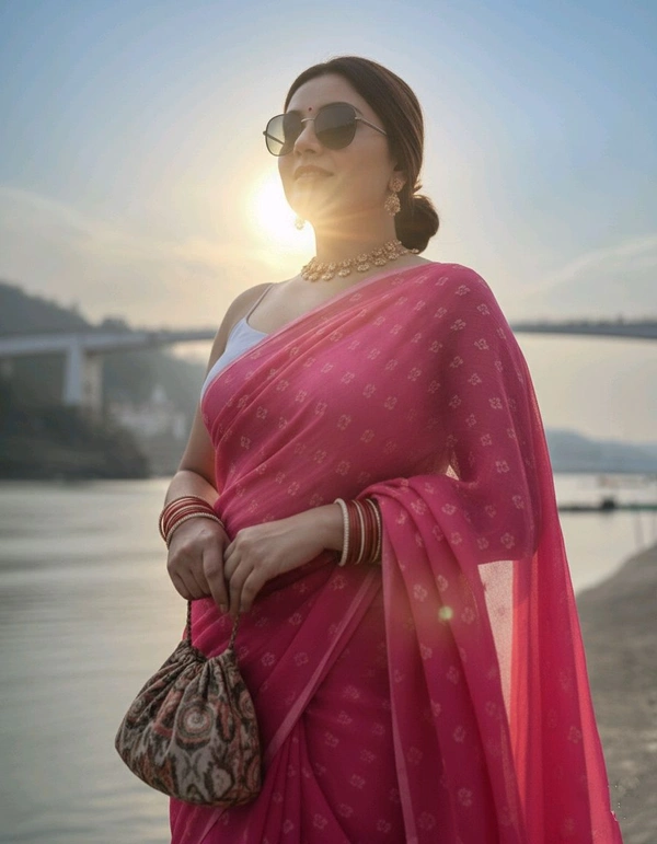 Elegance by the Riverside: Grace in a Pink Saree - Pink, Cotton, Free