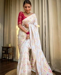Regal White and Pink Banarasi Saree Look - White, Silk, Free
