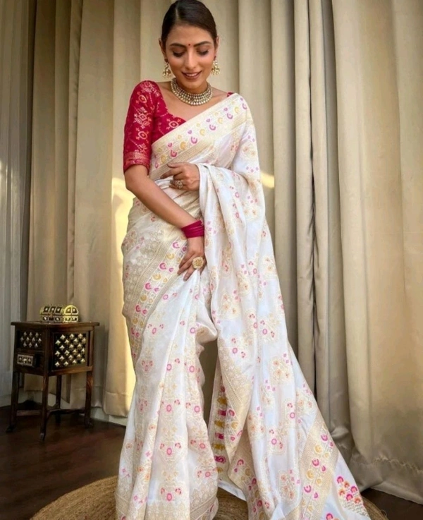 Regal White and Pink Banarasi Saree Look - White, Silk, Free