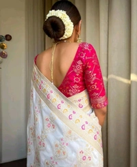 Regal White and Pink Banarasi Saree Look - White, Silk, Free