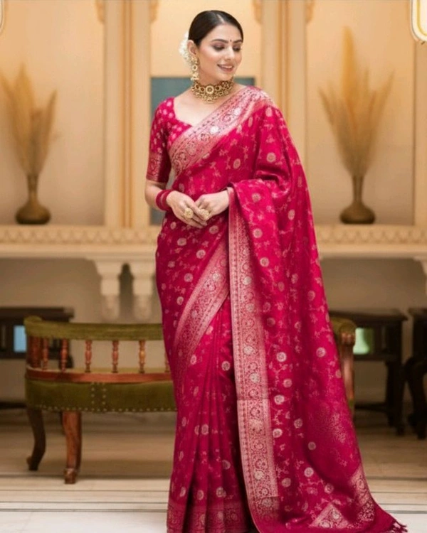 Elegant Floral Banarasi Silk Saree with Silver Zari Border - Red Orange, Banaras Silk