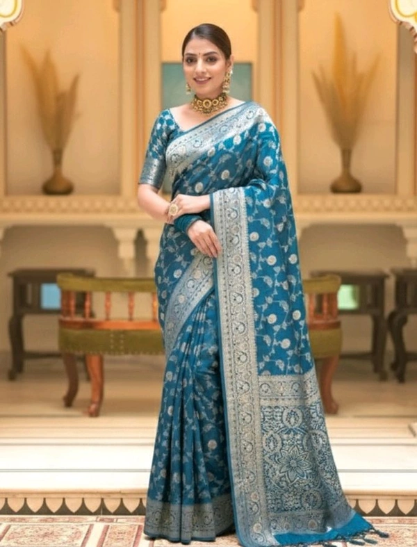 Elegant Floral Banarasi Silk Saree with Silver Zari Border - Royal Blue, Banaras Silk