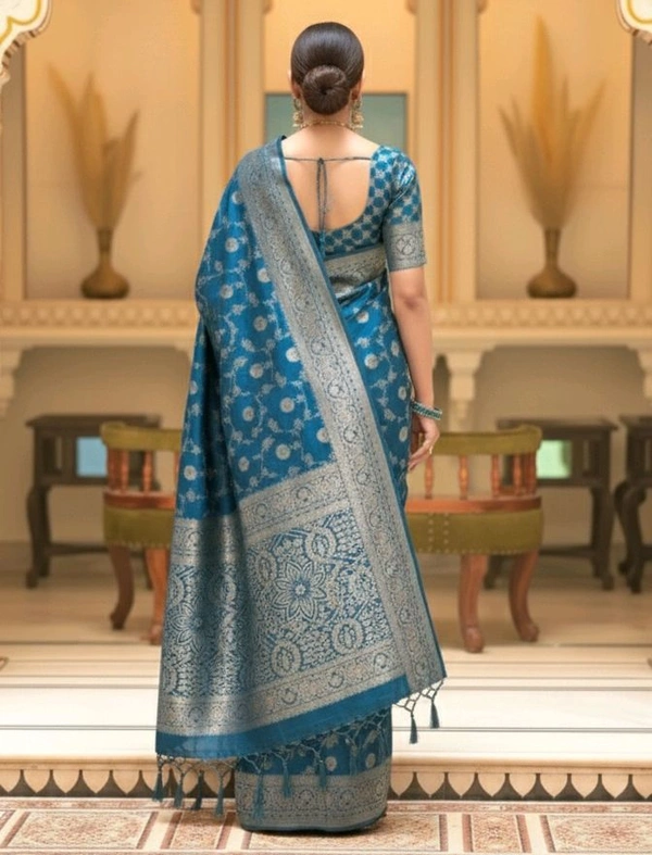 Elegant Floral Banarasi Silk Saree with Silver Zari Border - Royal Blue, Banaras Silk