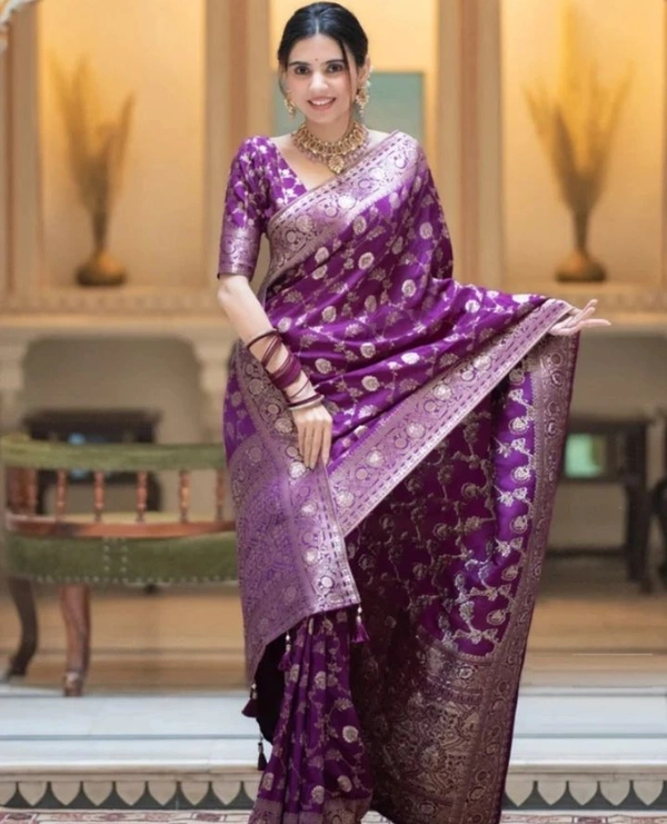 Elegant Floral Banarasi Silk Saree with Silver Zari Border - Violet Eggplant, Banaras Silk