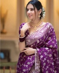 Elegant Floral Banarasi Silk Saree with Silver Zari Border - Violet Eggplant, Banaras Silk