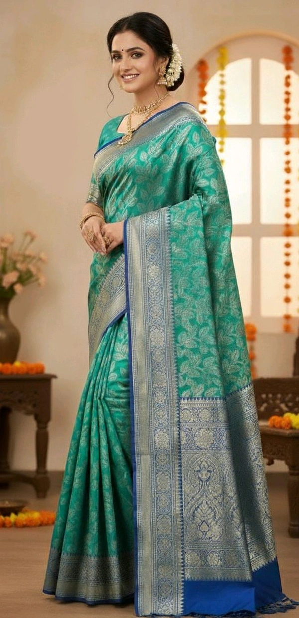 Elegant Floral Banarasi Silk Saree with Silver Zari Border - Eastern Blue, Banaras Silk