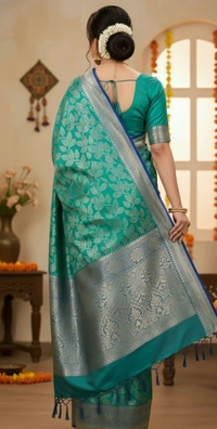 Elegant Floral Banarasi Silk Saree with Silver Zari Border - Eastern Blue, Banaras Silk
